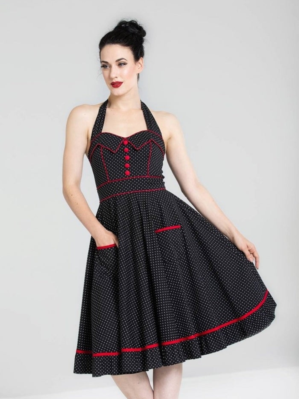 Hell Bunny Black Polka Dot Halter  Dress with Red Trim